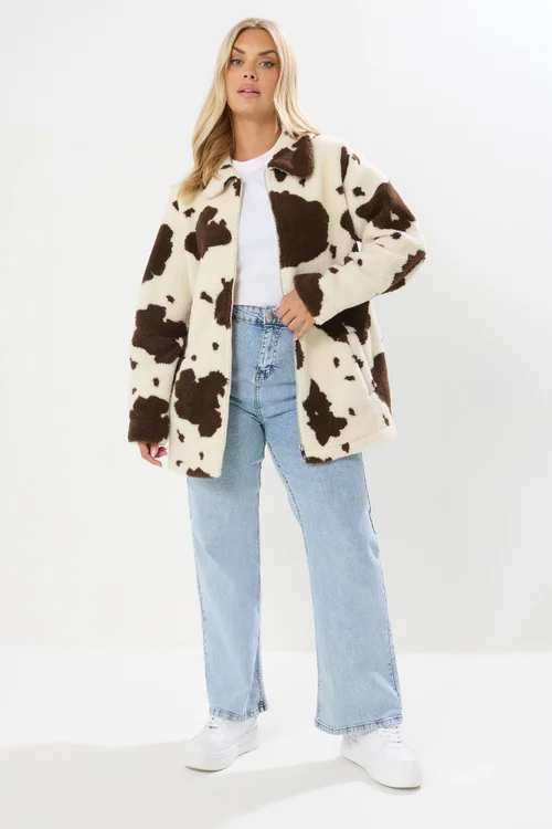 Yours Curve Natural Brown Cow Print Teddy Borg Jacket - 30-32 Image 3
