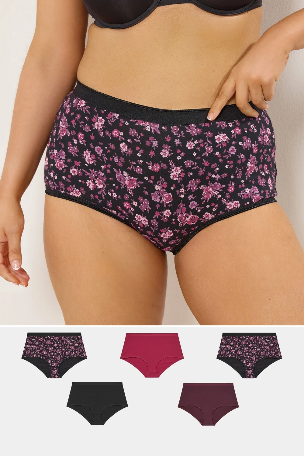 Yours 5 Pack Curve Burgundy Red Floral Full Briefs - Size 14-16 Image 1