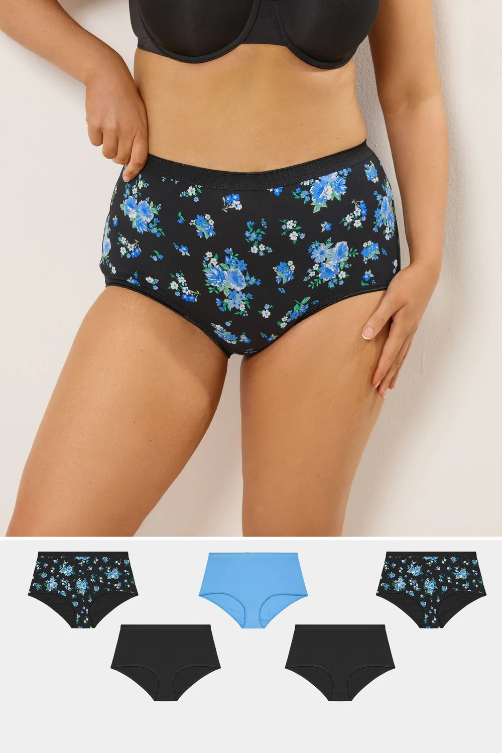 Yours 5 Pack Curve Black Floral Full Briefs - Size 14-16 Image 1