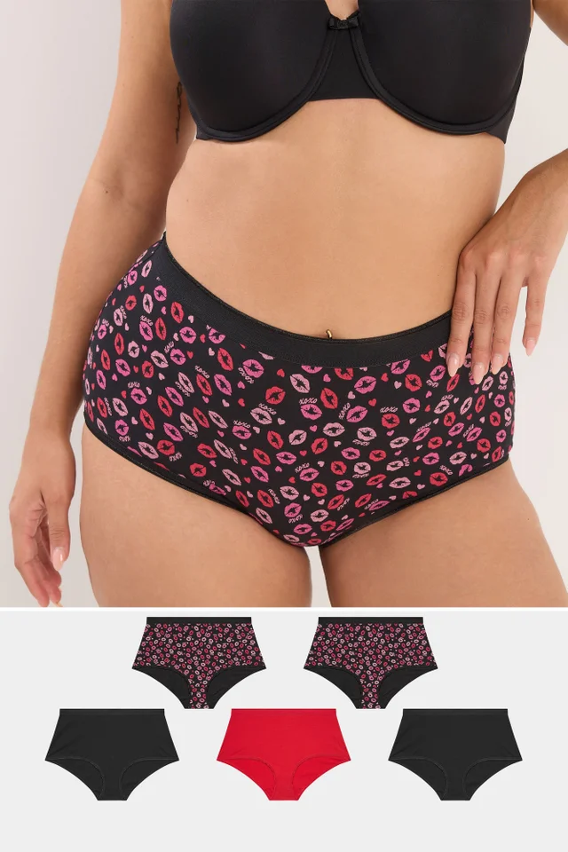 Yours 5 Pack Curve Red Kiss Print Full Briefs