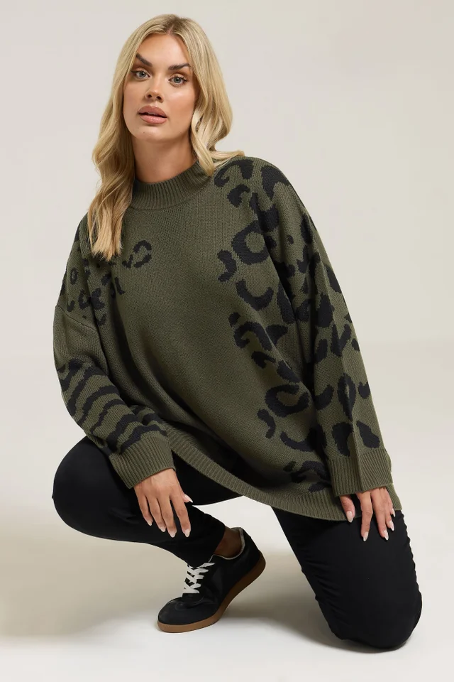 Yours Curve Khaki Green Leopard High Neck Jumper
