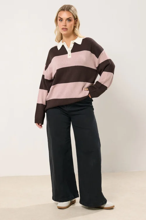 Yours Curve Pink Striped Rugby Collar Jumper - Size 30-32 Image 3