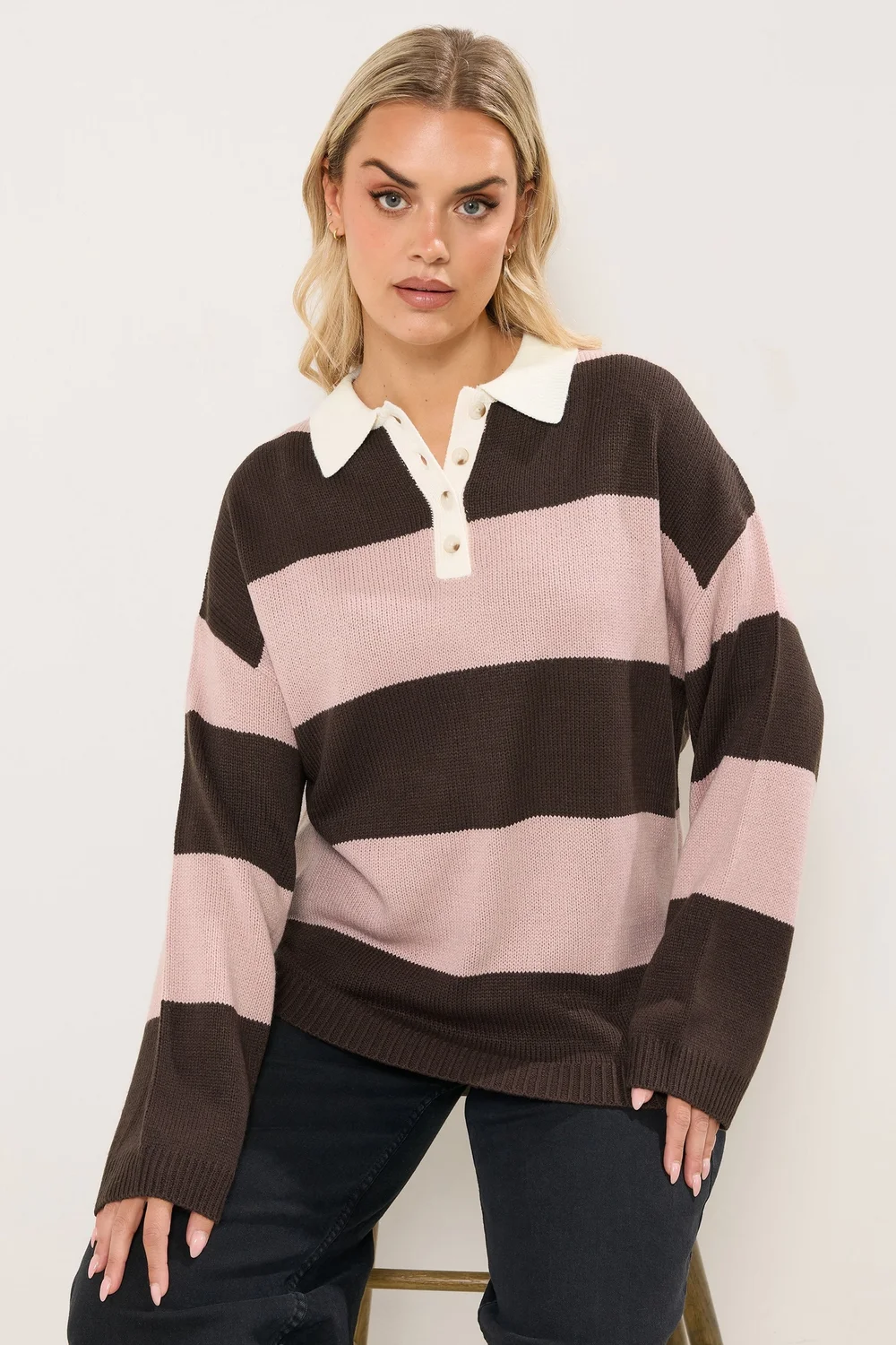 Yours Curve Pink Striped Rugby Collar Jumper - Size 30-32 Image 2