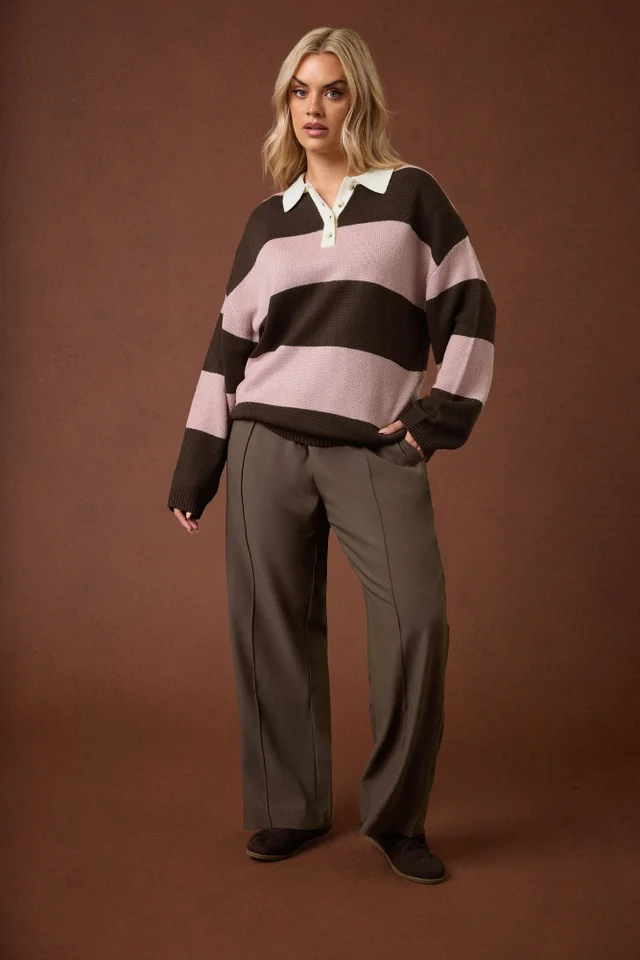 Yours Curve Pink Striped Rugby Collar Jumper