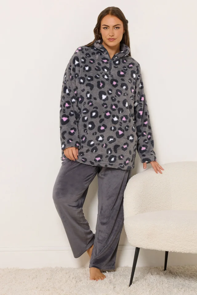 Yours Curve Grey Animal Print Borg Lounge Set