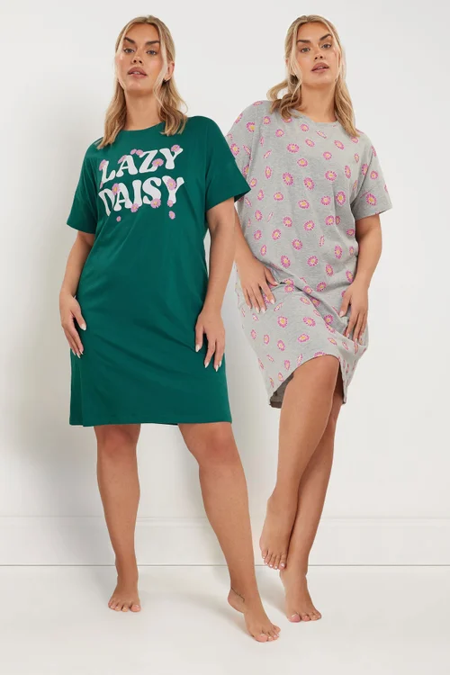 Yours Curve 2 Pack Green 'Lazy Daisy' Slogan Printed Nightdresses - Size 34-36 Image 1