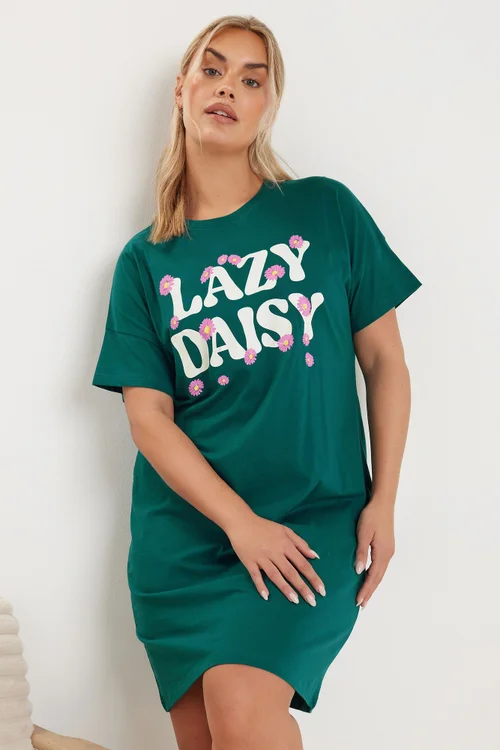 Yours Curve 2 Pack Green 'Lazy Daisy' Slogan Printed Nightdresses - Size 34-36 Image 2