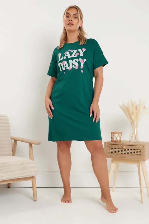 Yours Curve 2 Pack Green 'Lazy Daisy' Slogan Printed Nightdresses - Size 34-36 Image 3