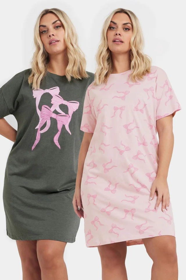 Yours Curve 2 Pack Grey & Pink Bow Print Nightdresses