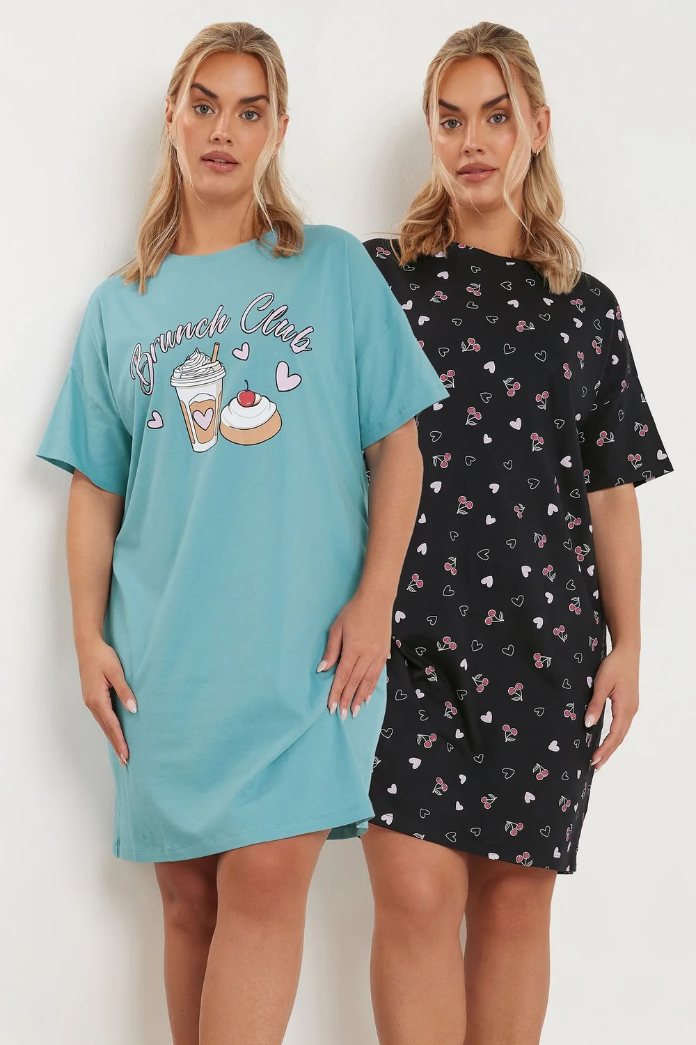 Yours Curve 2 Pack Cotton Blue 'Brunch Club' Nightdresses - Size 34-36 Image 1