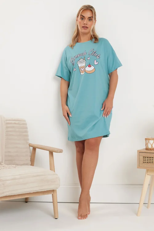 Yours Curve 2 Pack Cotton Blue 'Brunch Club' Nightdresses - Size 34-36 Image 2