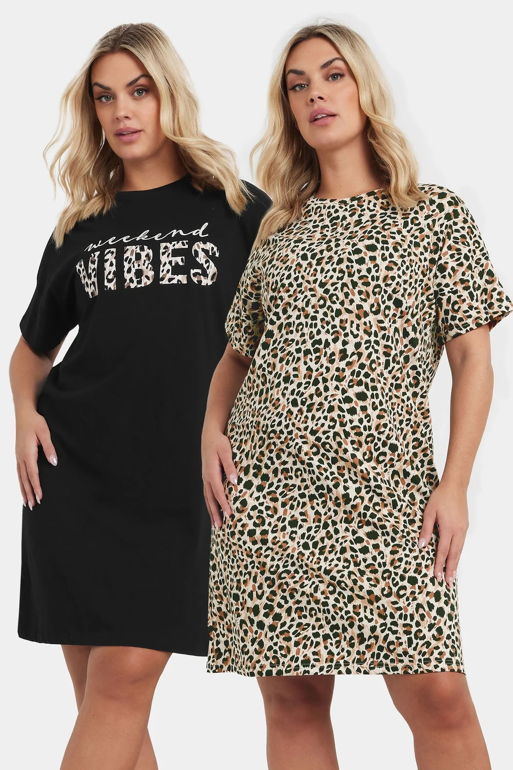 Yours Curve 2 Pack Black 'Weekend Vibes' Leopard Print Nightdresses - Size 26-28 Image 1