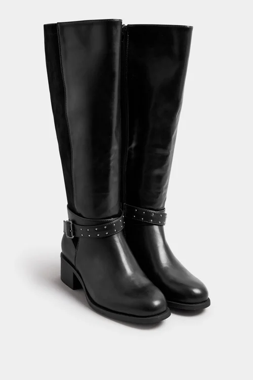 Yours Black Faux Leather Buckle Detail Knee High Boots In Extra Wide EEE Fit - 8 Extra Wide Image 2