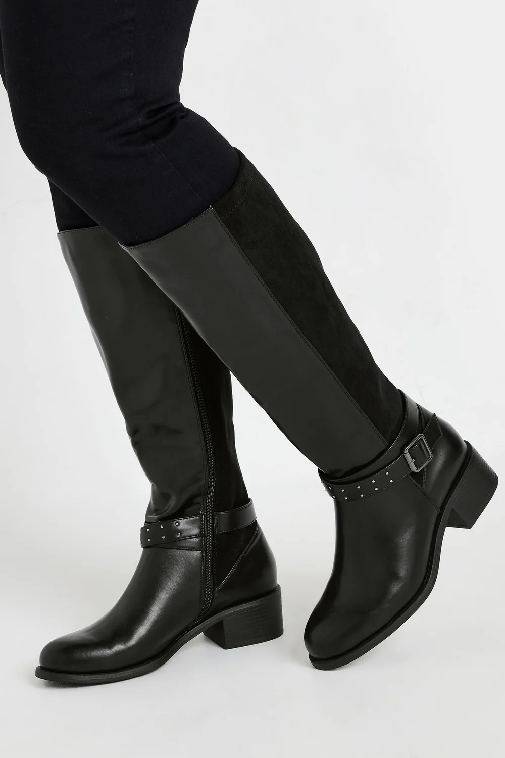 Yours Black Faux Leather Buckle Detail Knee High Boots In Extra Wide EEE Fit - 8 Extra Wide Image 1