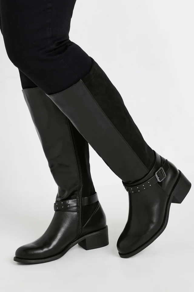 Yours Black Faux Leather Buckle Detail Knee High Boots In Extra Wide EEE Fit