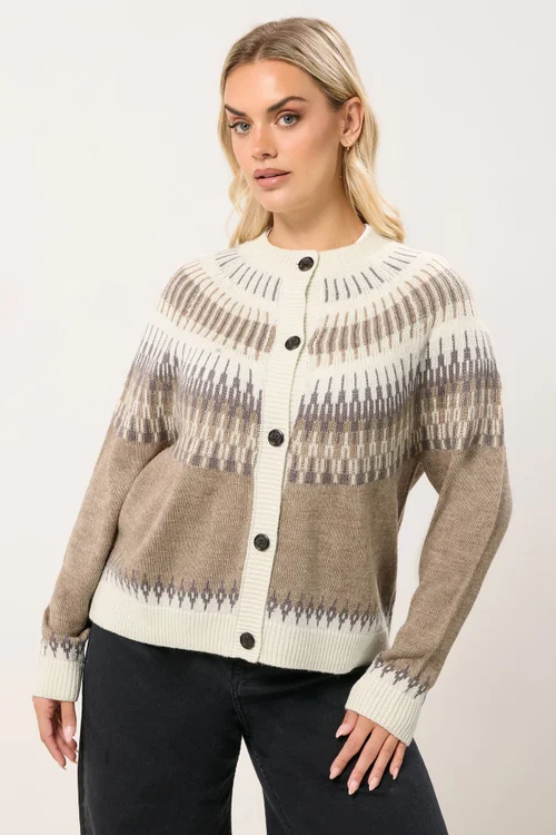 Yours Curve Natural Brown Fairisle Knitted Cardigan - Size 14-16 Image 2