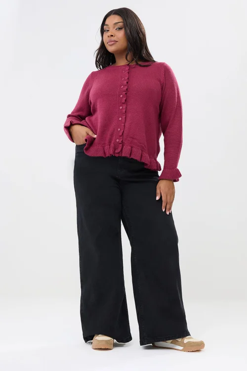 Yours Curve Wine Red Frill Trim Cardigan - Size 18-20 Image 2