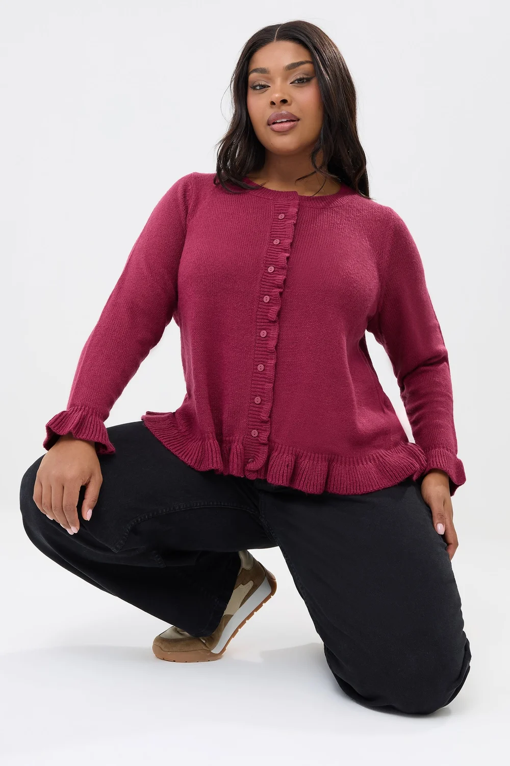 Yours Curve Wine Red Frill Trim Cardigan - Size 18-20 Image 1