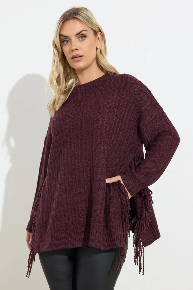Yours Curve Burgundy Red Side Fringe Knitted Jumper