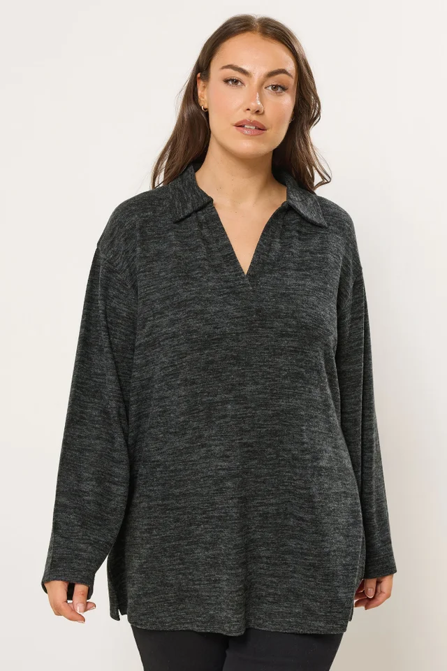Yours Curve Charcoal Grey Soft Touch Collared Jumper