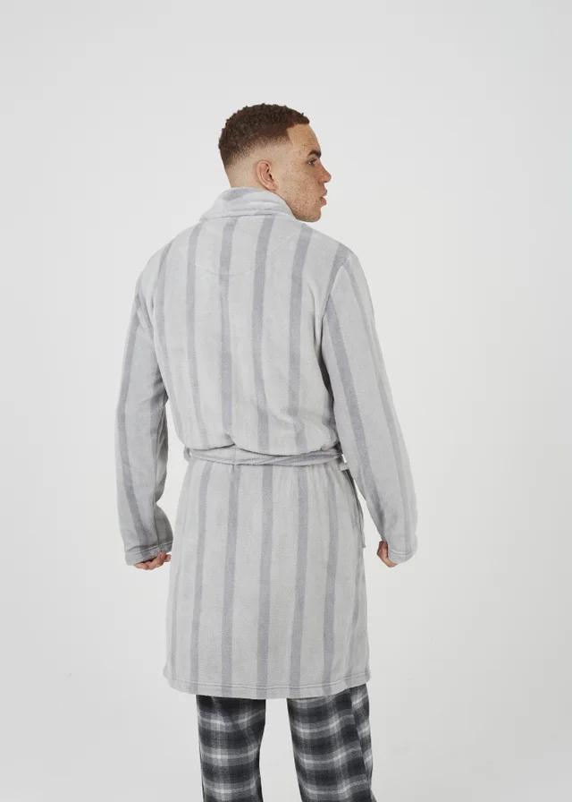 Brave Soul Grey Striped Long Length Sherpa Dressing Gown