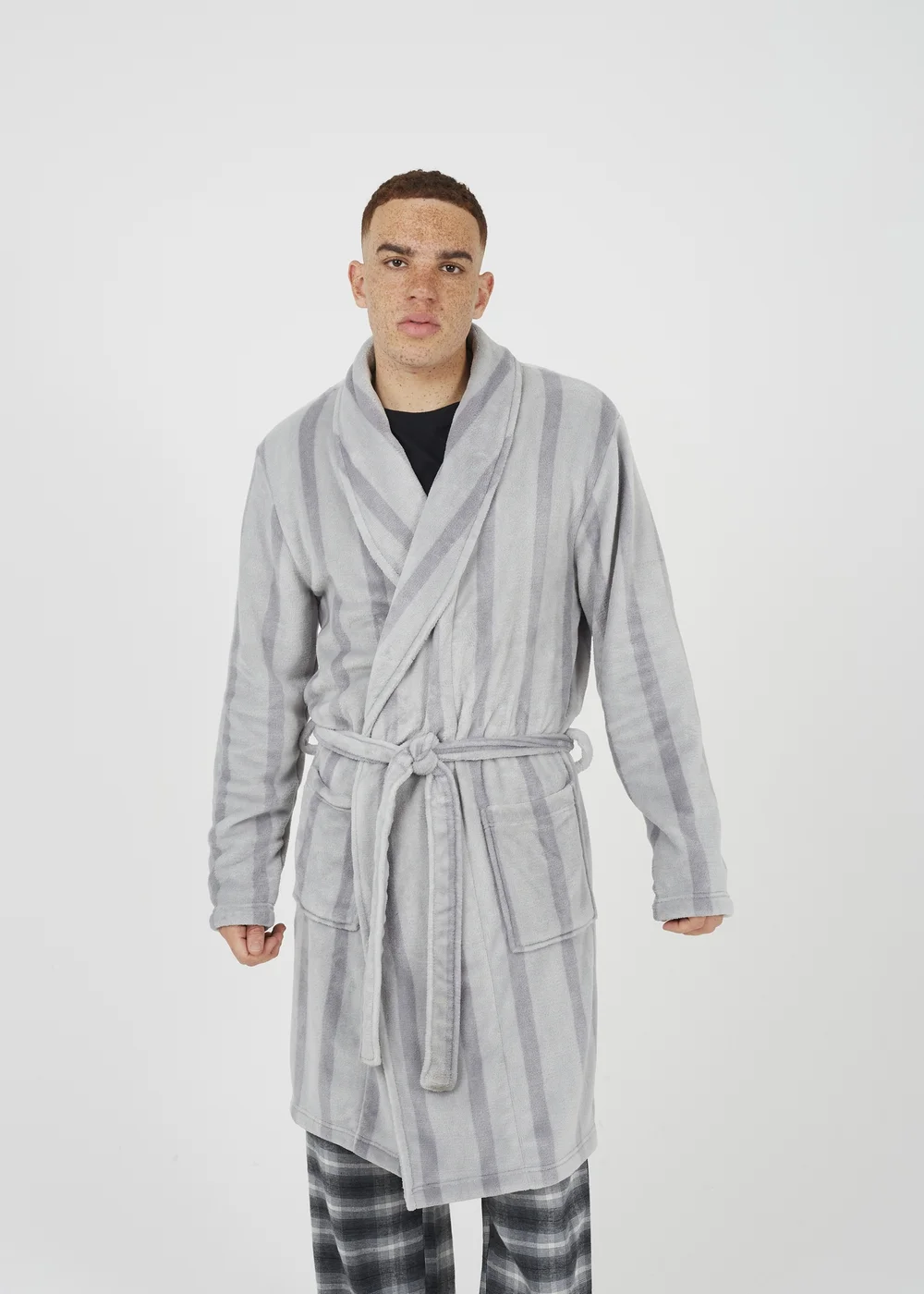 Brave Soul Grey Striped Long Length Sherpa Dressing Gown - Small Image 1