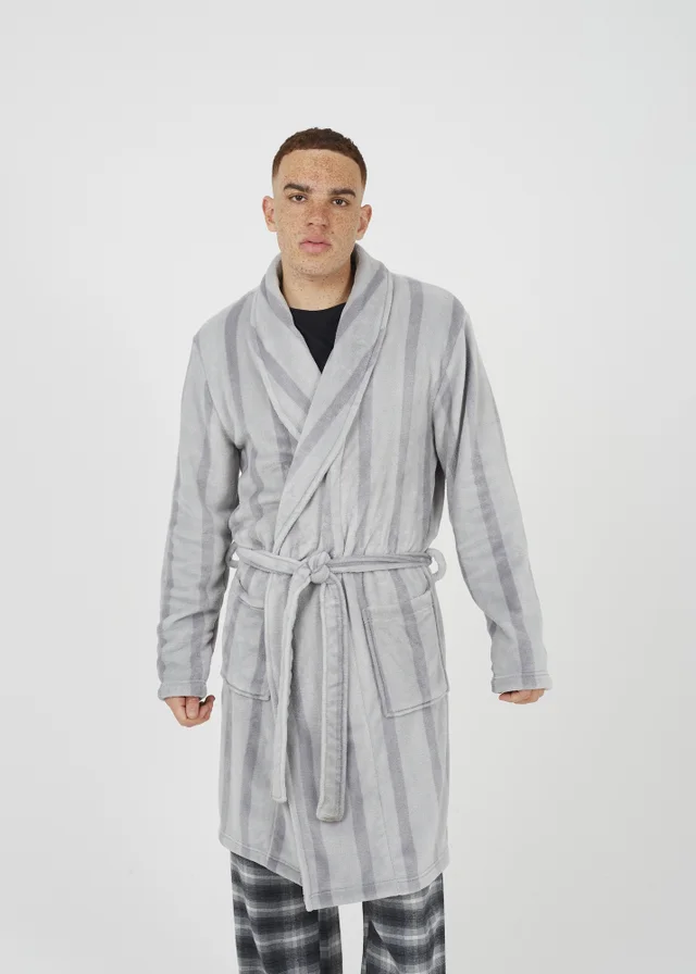 Brave Soul Grey Striped Long Length Sherpa Dressing Gown