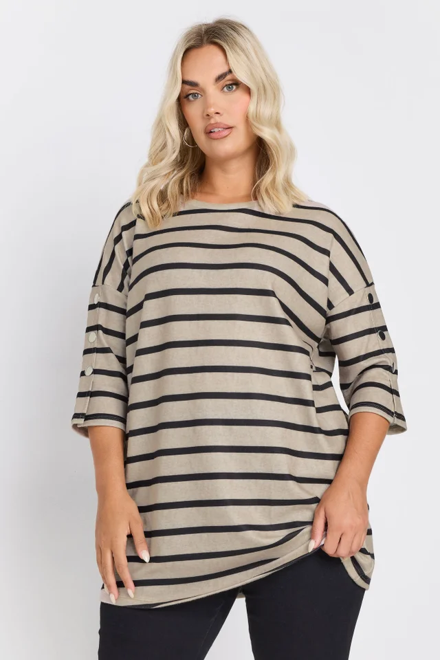 Yours Curve Natural Brown Striped Button Sleeve Top