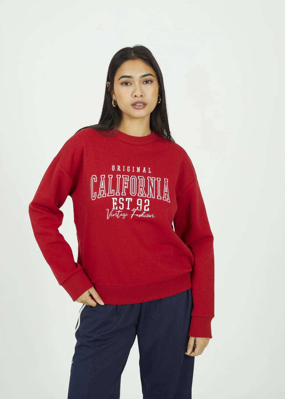 Brave Soul Red Crew Neck Embroidered Sweatshirt - M Image 1
