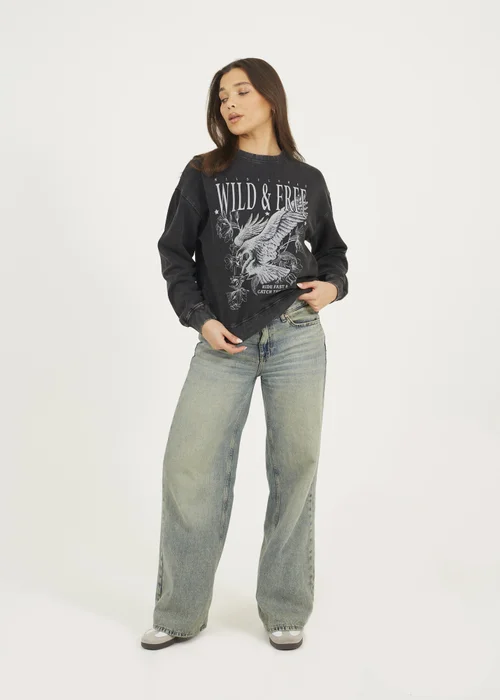 Brave Soul Black Acid Wash Graphic Print Sweatshirt - S Image 4