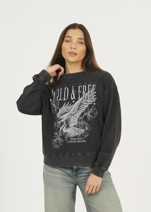 Brave Soul Black Acid Wash Graphic Print Sweatshirt - S Image 1