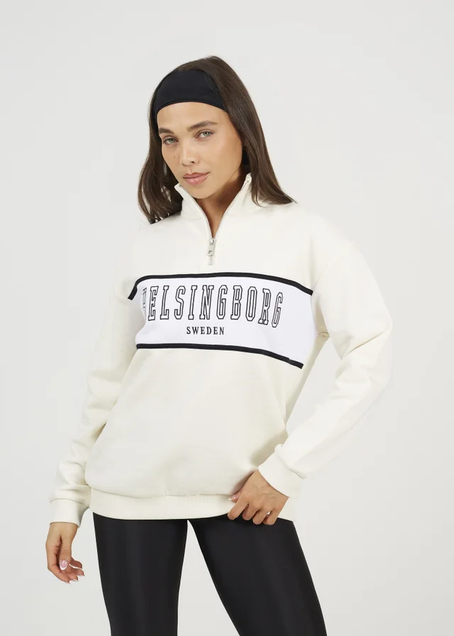 Brave Soul Cream Funnel Neck Quarter Zip Sweatshirt With Embroidery