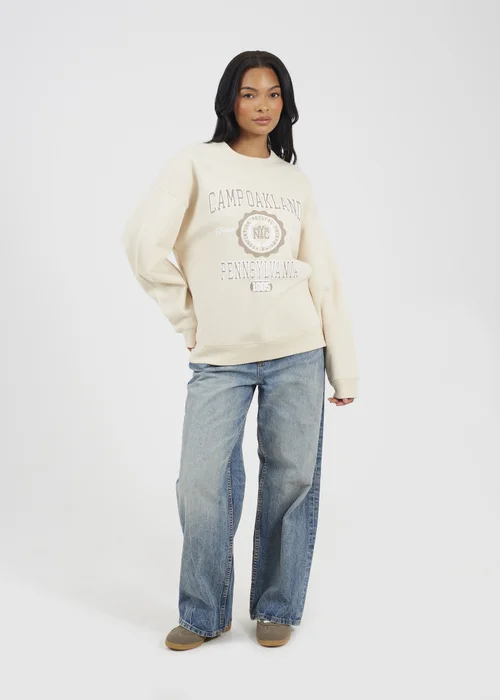Brave Soul Cream Crew Neck Graphic Print Sweatshirt - Small Image 4