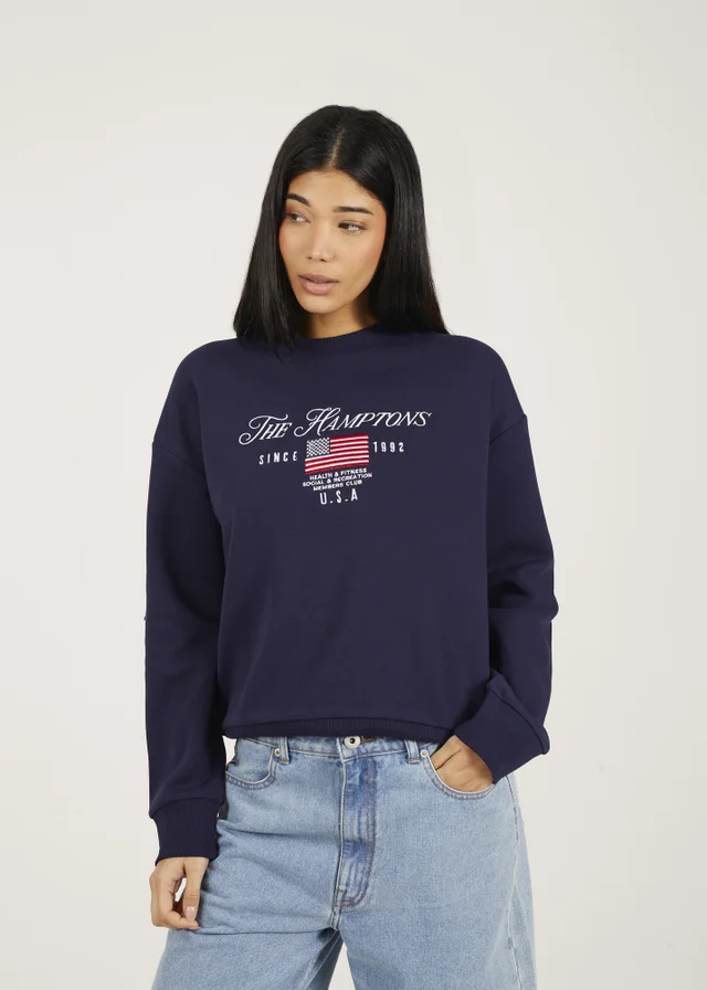 Brave Soul Navy Crew Neck Embroidered Sweatshirt