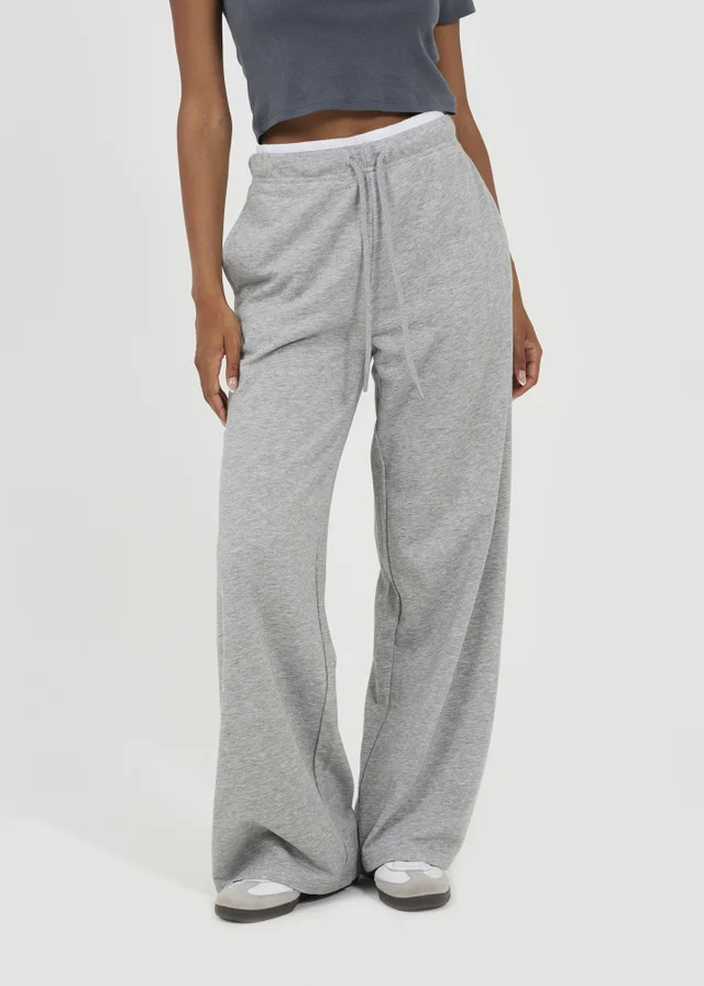 Brave Soul Grey Contrast Double Waistband Wide Leg Joggers
