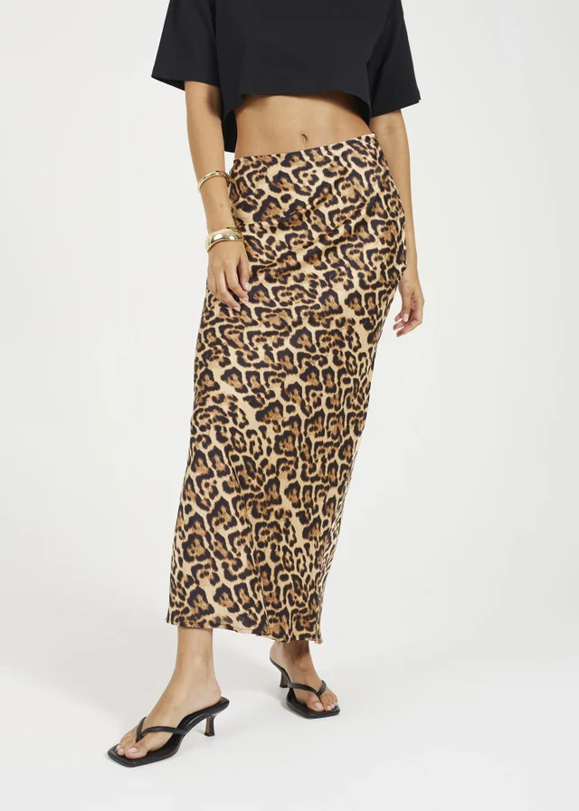 Brave Soul Brown Leopard Print Satin Midi Skirt