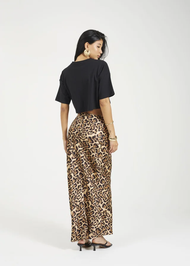 Brave Soul Brown Leopard Print Satin Midi Skirt