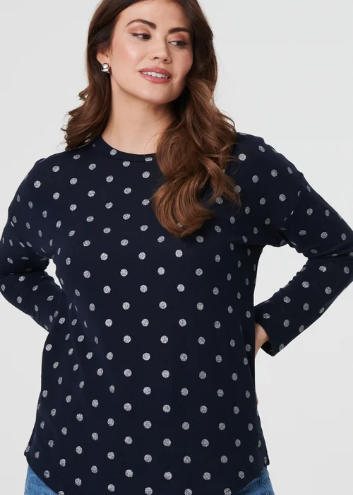 Izabel London Navy Polka Dot Print Relaxed Long Sleeve Top - 10 Image 3