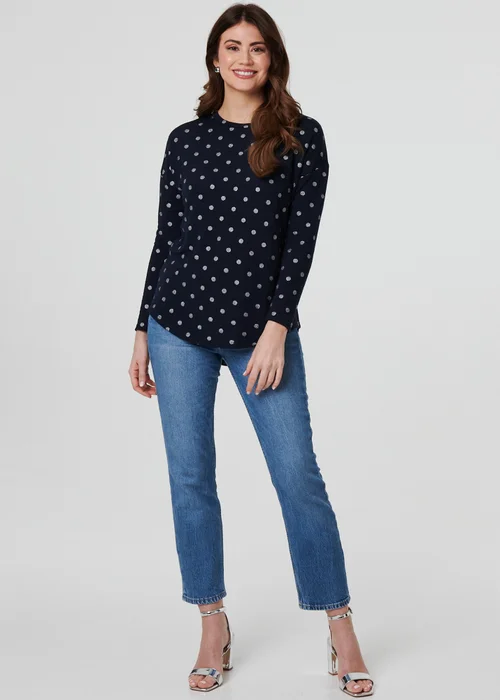 Izabel London Navy Polka Dot Print Relaxed Long Sleeve Top - 10 Image 4