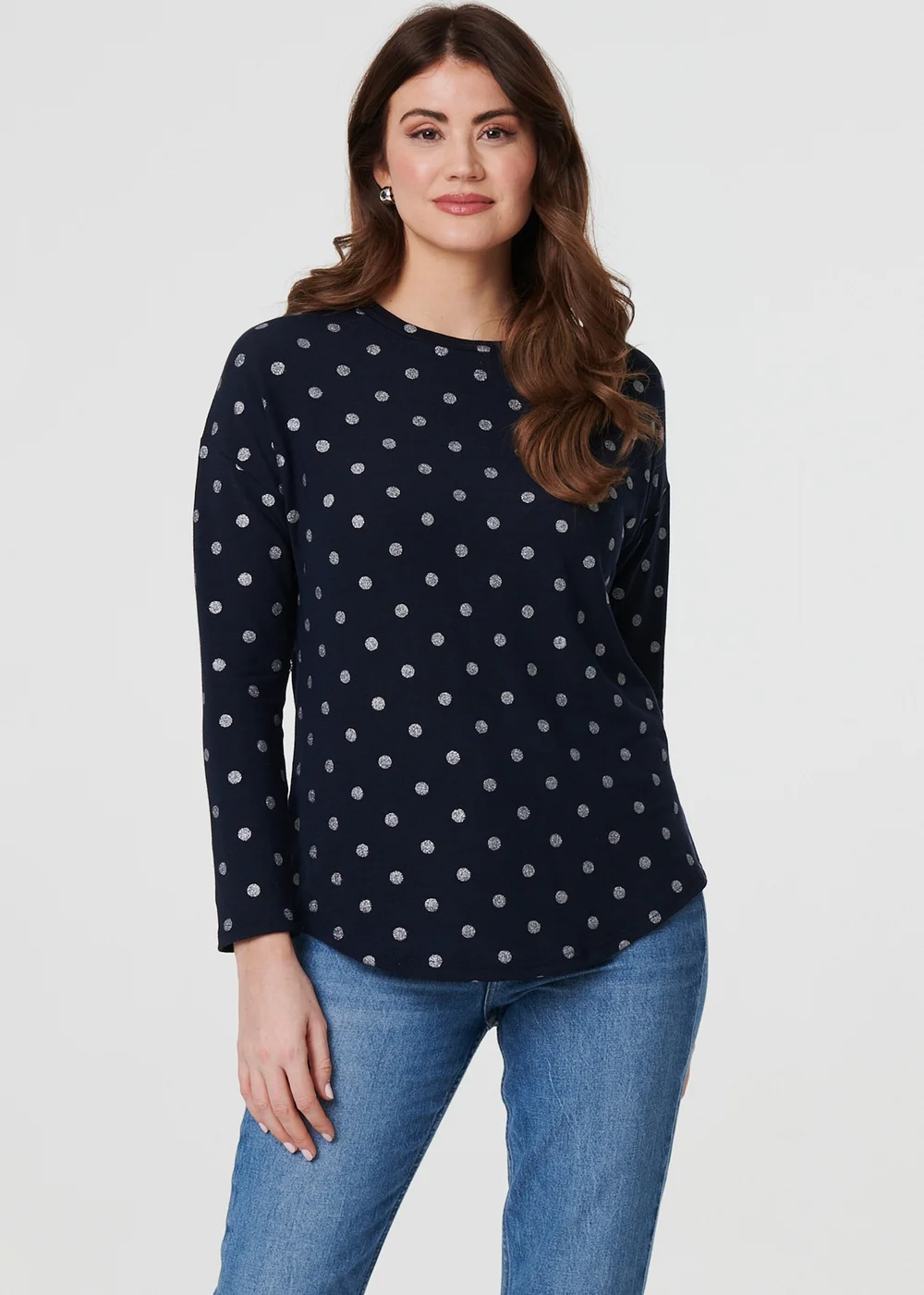 Izabel London Navy Polka Dot Print Relaxed Long Sleeve Top - 10 Image 1