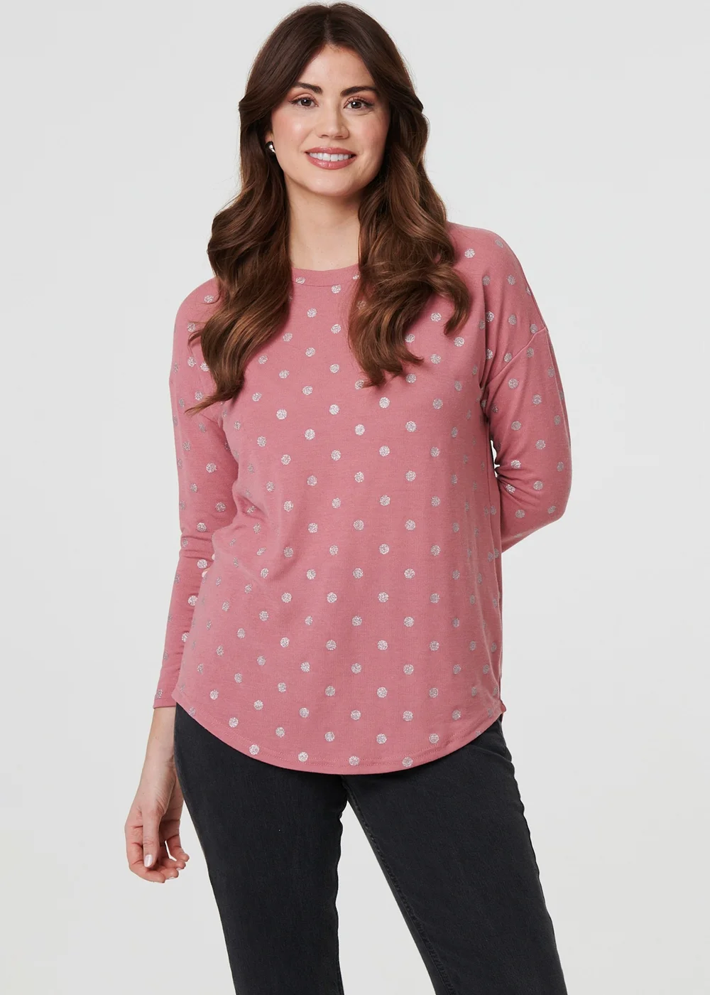Izabel London Pink Polka Dot Print Relaxed Long Sleeve Top - 10 Image 1