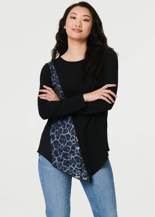 Izabel London Black Animal Print Asymmetric Long Sleeve Top - 16 Image 1
