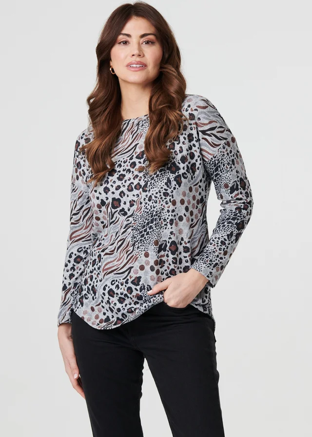 Izabel London Beige Animal Print Curve Hem Relaxed Top