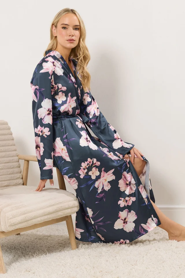 Long Tall Sally Grey Floral Maxi Satin Robe