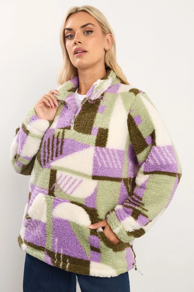 Yours Curve Green & Purple Abstract Quarter Zip Fleece