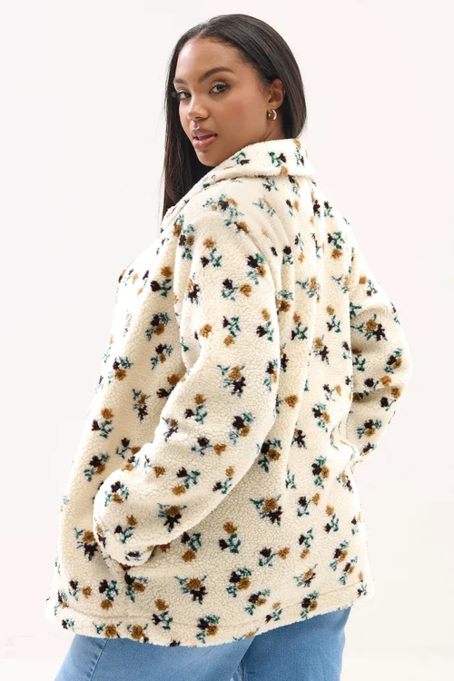 Yours Curve Ivory White Floral Print Teddy Fleece Jacket - 18 Image 3