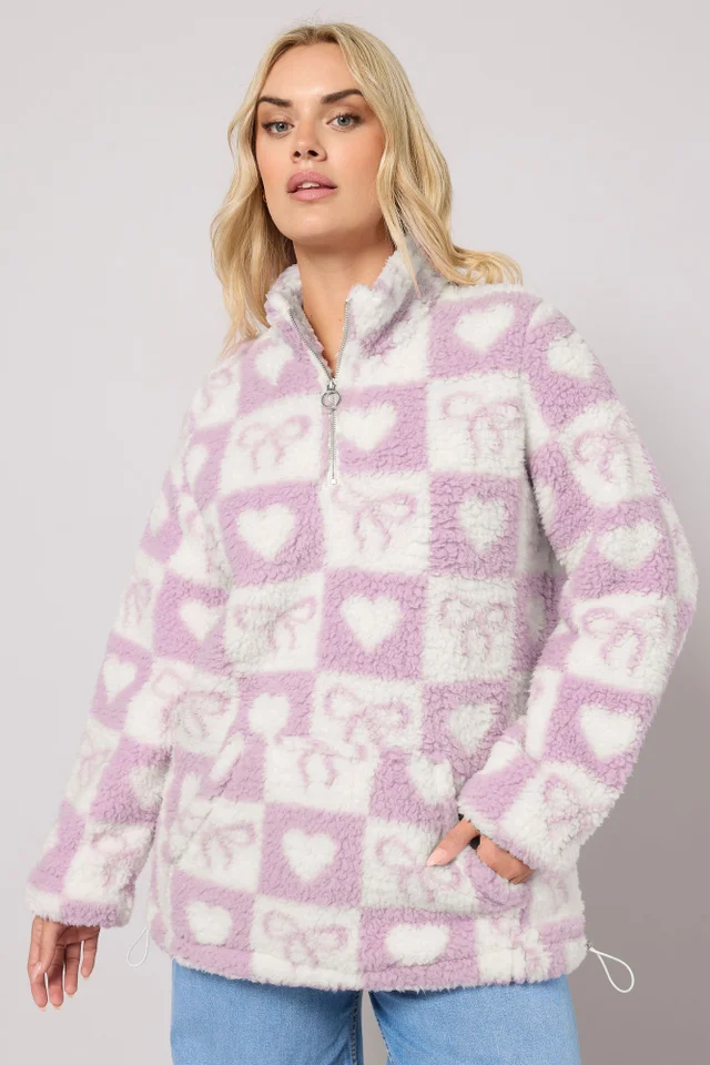 Yours Curve Pink Check Quarter Zip Fleece Jacket
