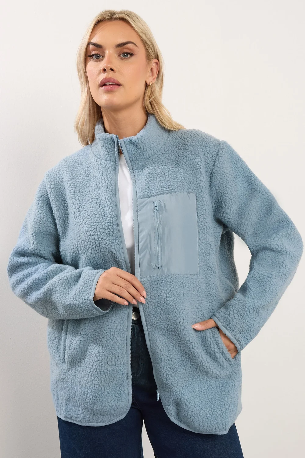 Yours Curve Blue Teddy Borg Zip Through Fleece - 26-28 Image 1