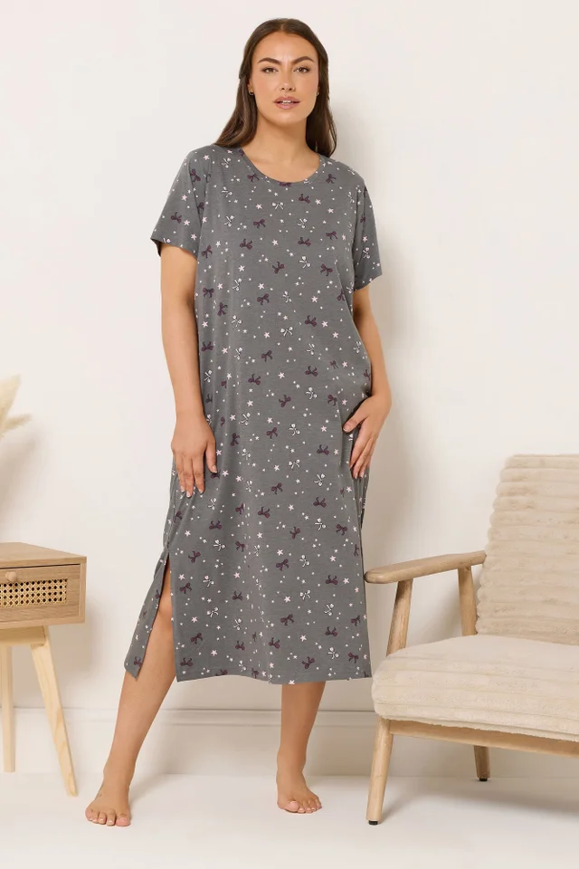 Yours Curve Grey Bow and Star Print Midaxi Nightdress