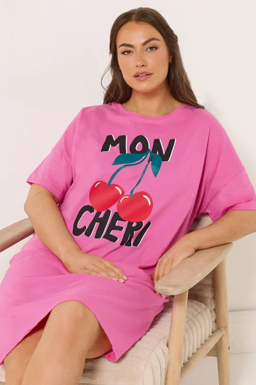 Yours Curve Pink 'Mon Cheri' Sleep Tee Nightdress - Size 26-28 Image 1